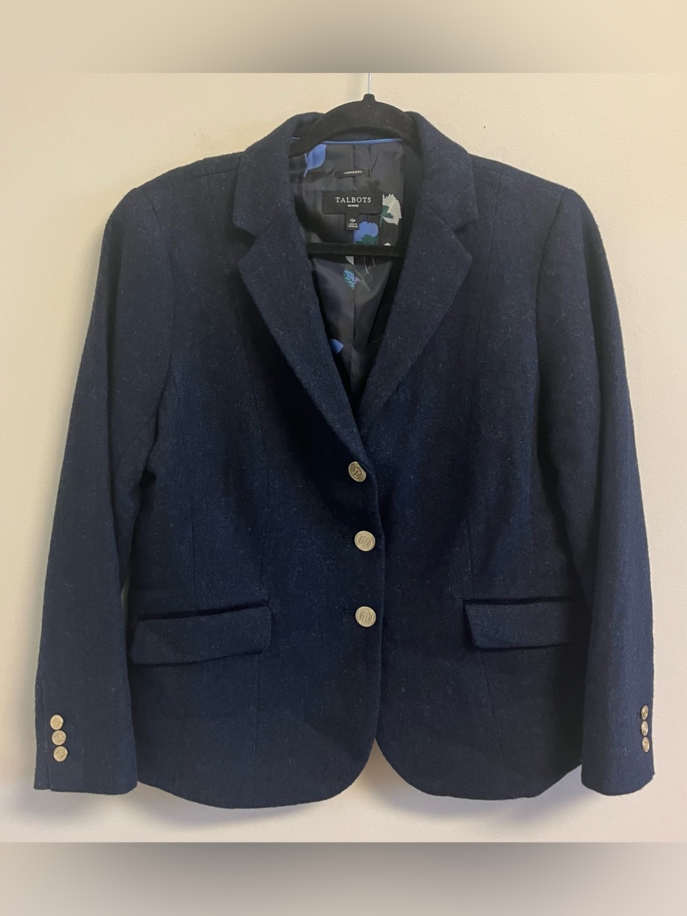Talbots Blazer Wool Blend Navy Blue Aberdeen career Lined 12 Petite